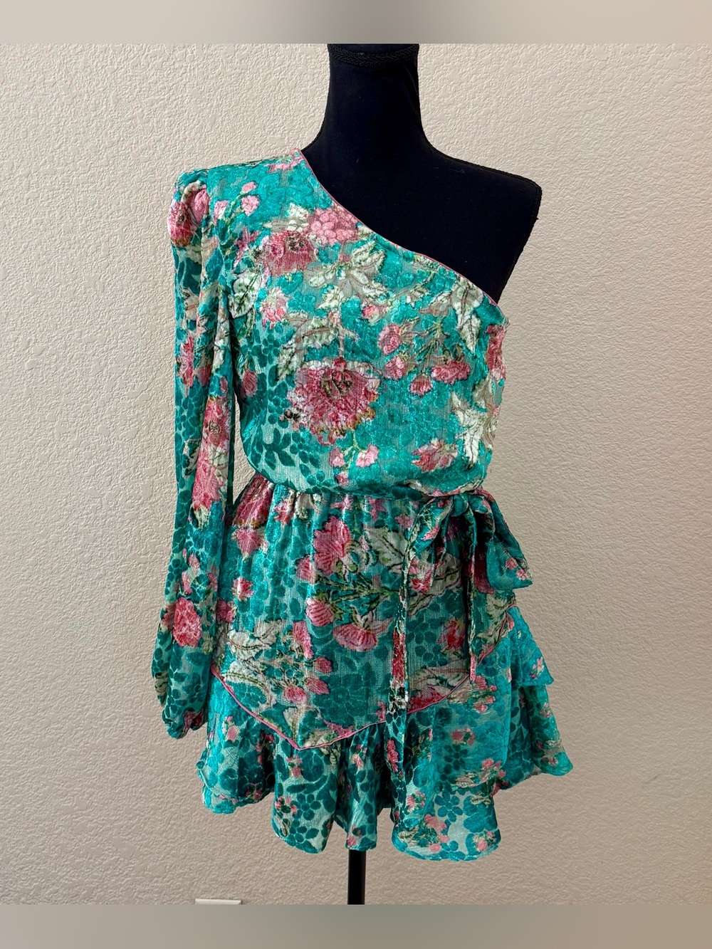 NWT Hermant & Nandita Velvet Teal Floral Metallic One Shoulder Mini Dress Med - Picture 3 of 16